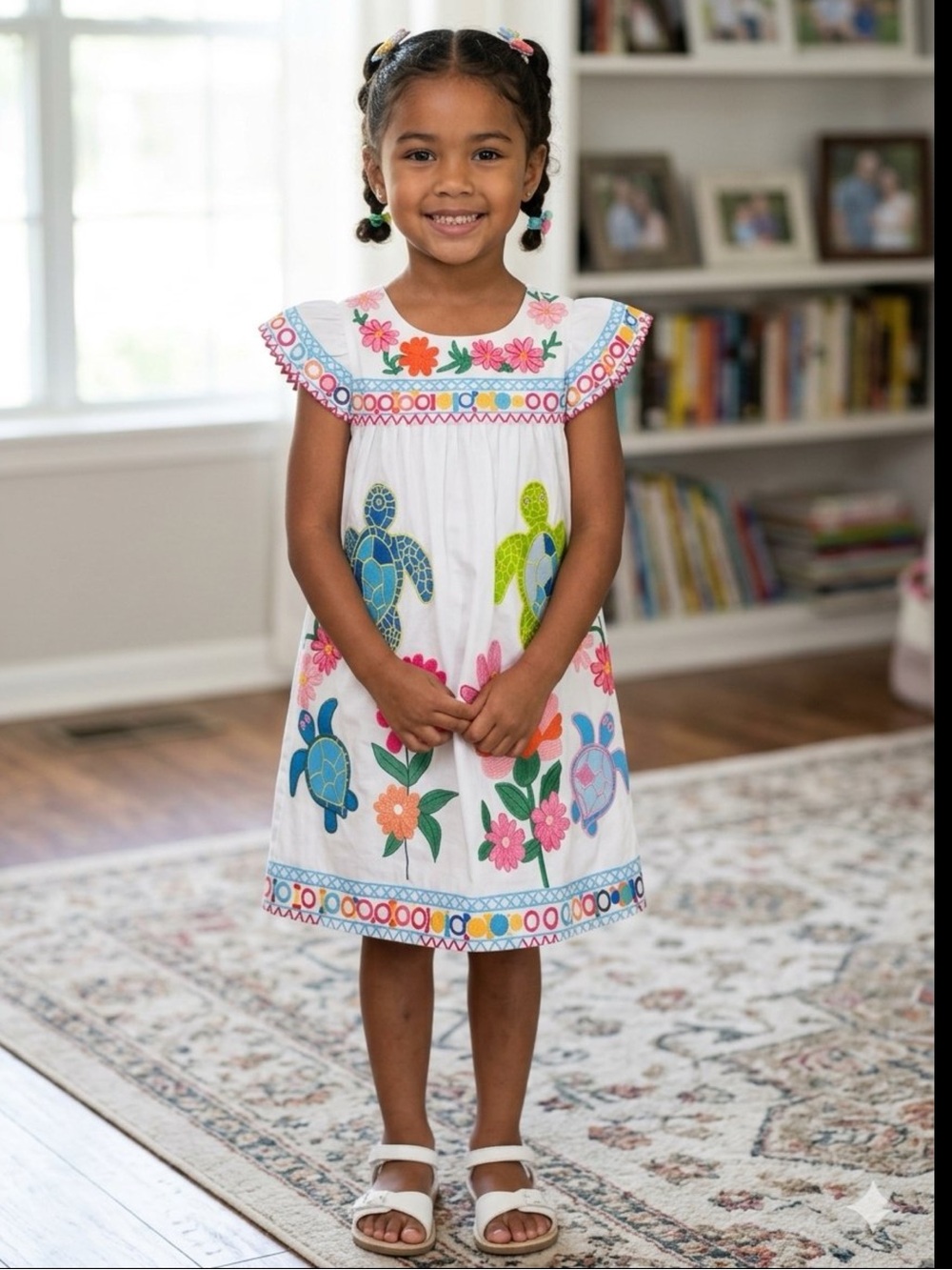 Taylor Kids White Turtle Appliqué Floral Embroidered Sundress Size 5-6Y